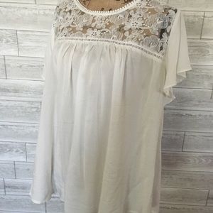 Lace topped gathered cotton blouse